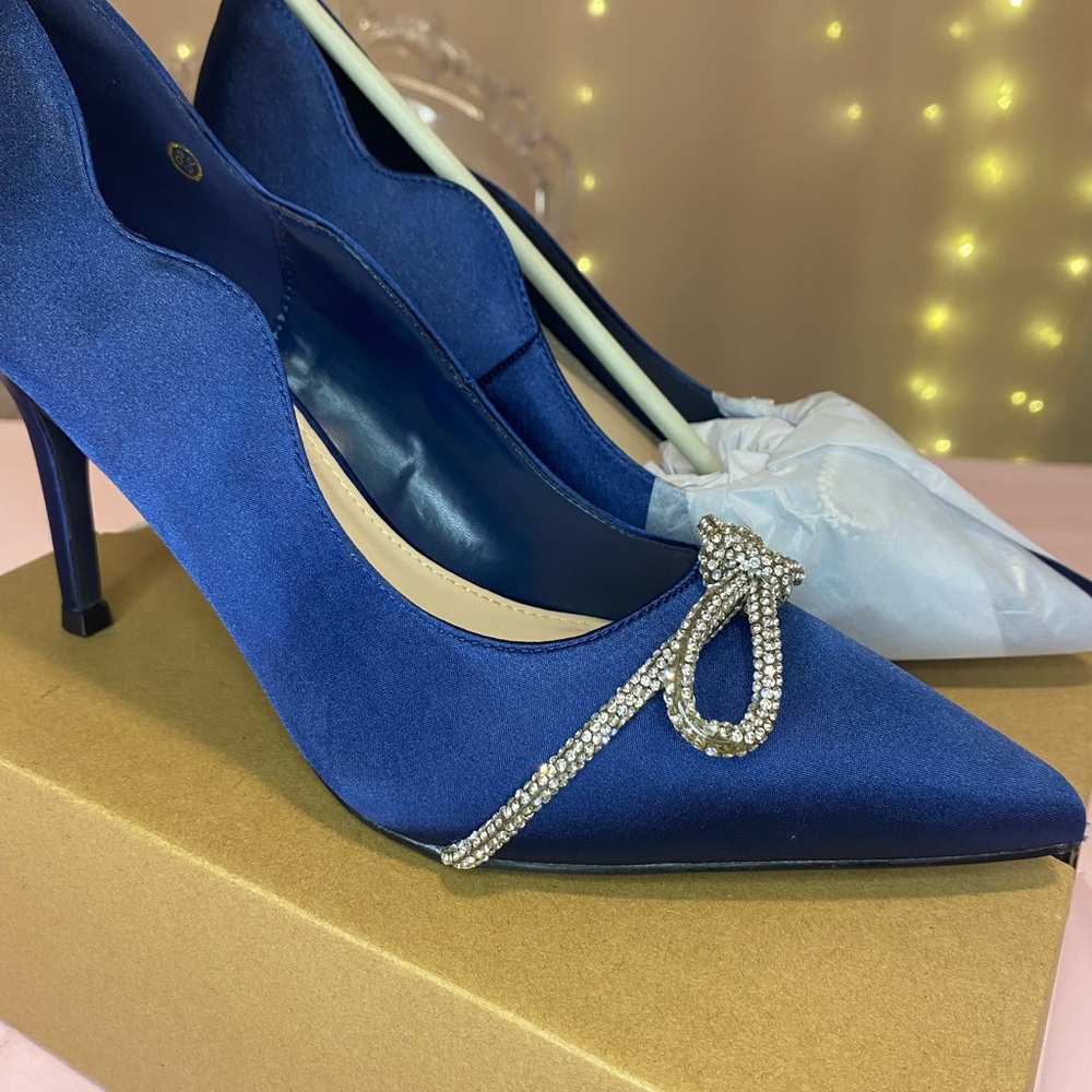 Chic Blue Satin Heels with Rhinestone Accent